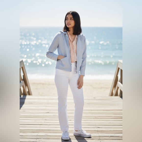 VTG Ice Blue Linen Cropped Zip Up Hoodie Front Pockets Beach Coastal SZ 5/6 XS-M - Picture 2 of 11